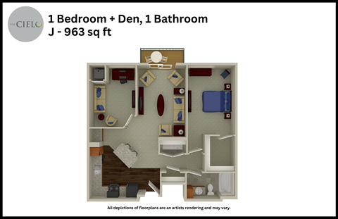 a floor plan of a 1 bedroom  den 1 bathroom